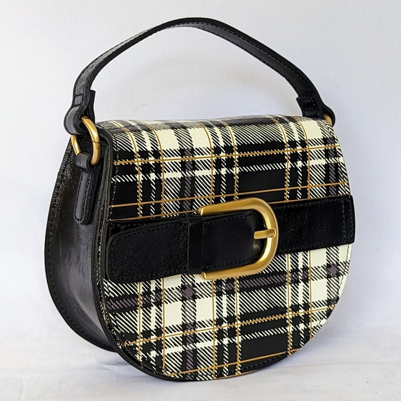 Patricia Nash Annfield Saddle Bag Leather Crossbody Handle Black White Plaid NWT - Picture 3 of 13